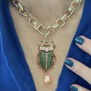 Anthropologie Beetle Necklace Bug Chain Pearl Pendant CZ Bug Insect Green Retro